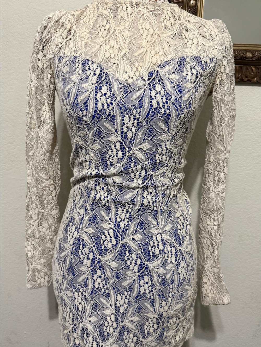 Mimi Chica Blue and Ivory Lace Long-Sleeve Sheath Dress